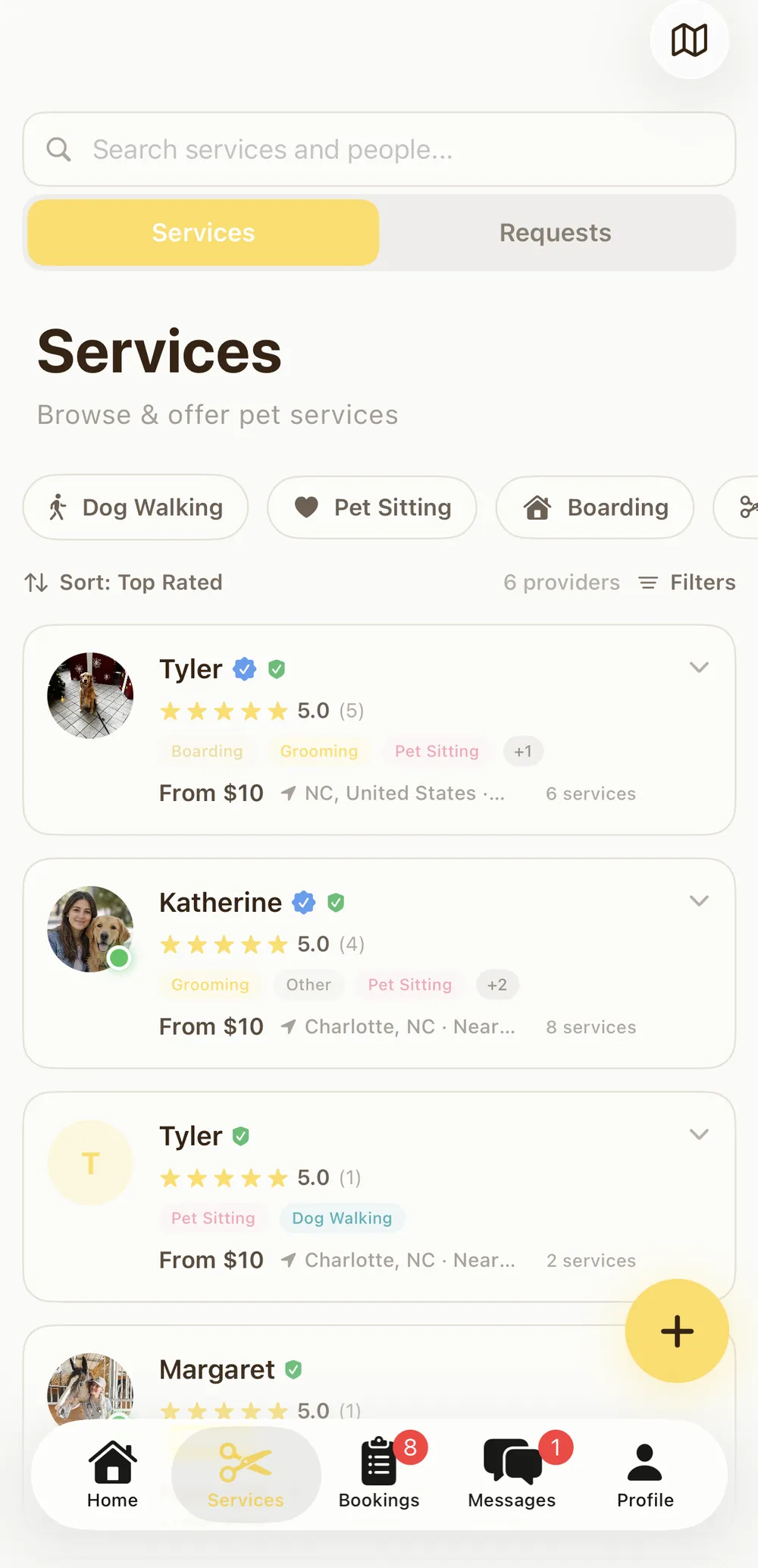 Pawprint Services screen with category filters and provider cards showing ratings and prices