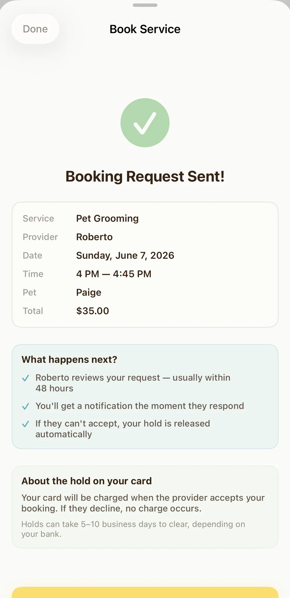 Pawprint booking confirmation showing Booking Request Sent, a booking summary, and a note that the card is only charged when the provider accepts