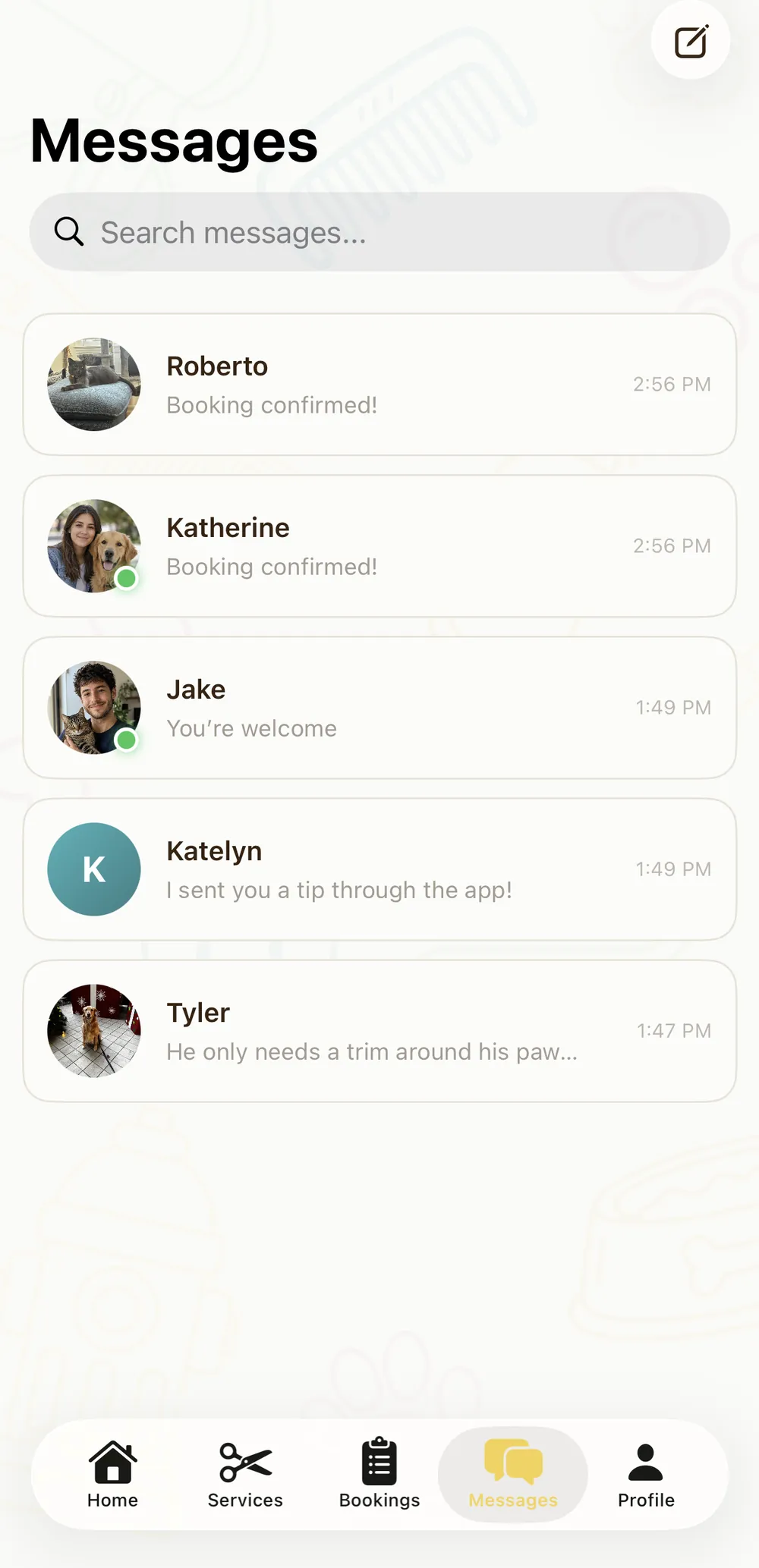 Pawprint Messages inbox with conversations, avatars, and unread badges