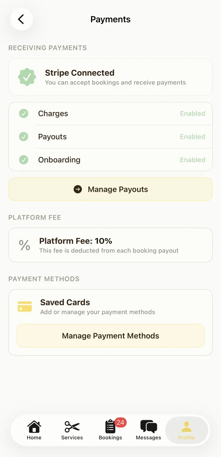 Pawprint provider Payments screen showing Stripe connected with charges and payouts enabled