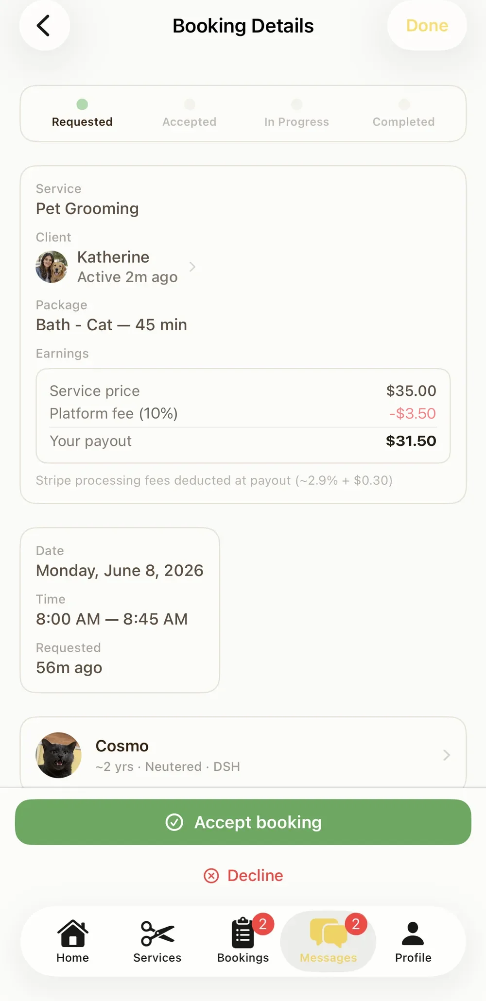 Pawprint provider booking details with a status tracker and an earnings breakdown showing service price, platform fee, and payout