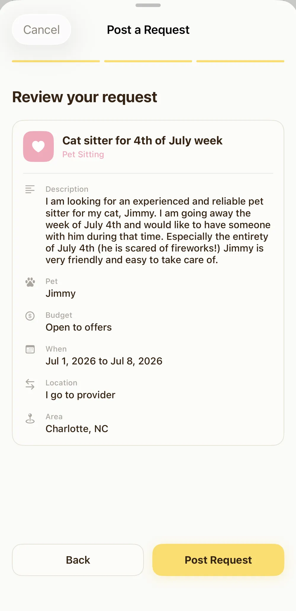 Pawprint Post a Request review screen showing the request title, description, pet, budget, dates, and area before posting