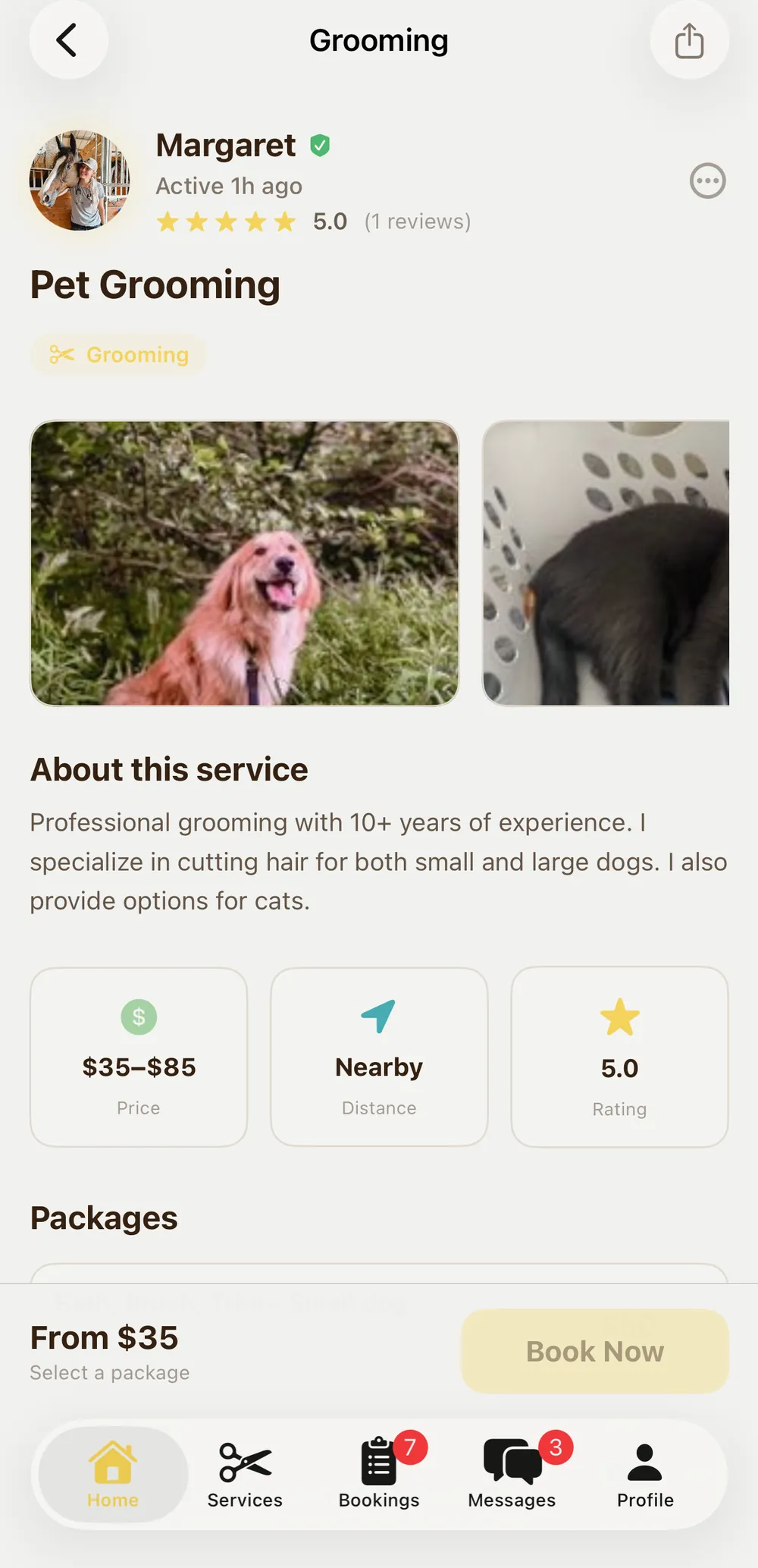 Pawprint service detail for a grooming service showing photos, an About section, price, distance and rating tiles, and selectable packages with a Book Now button